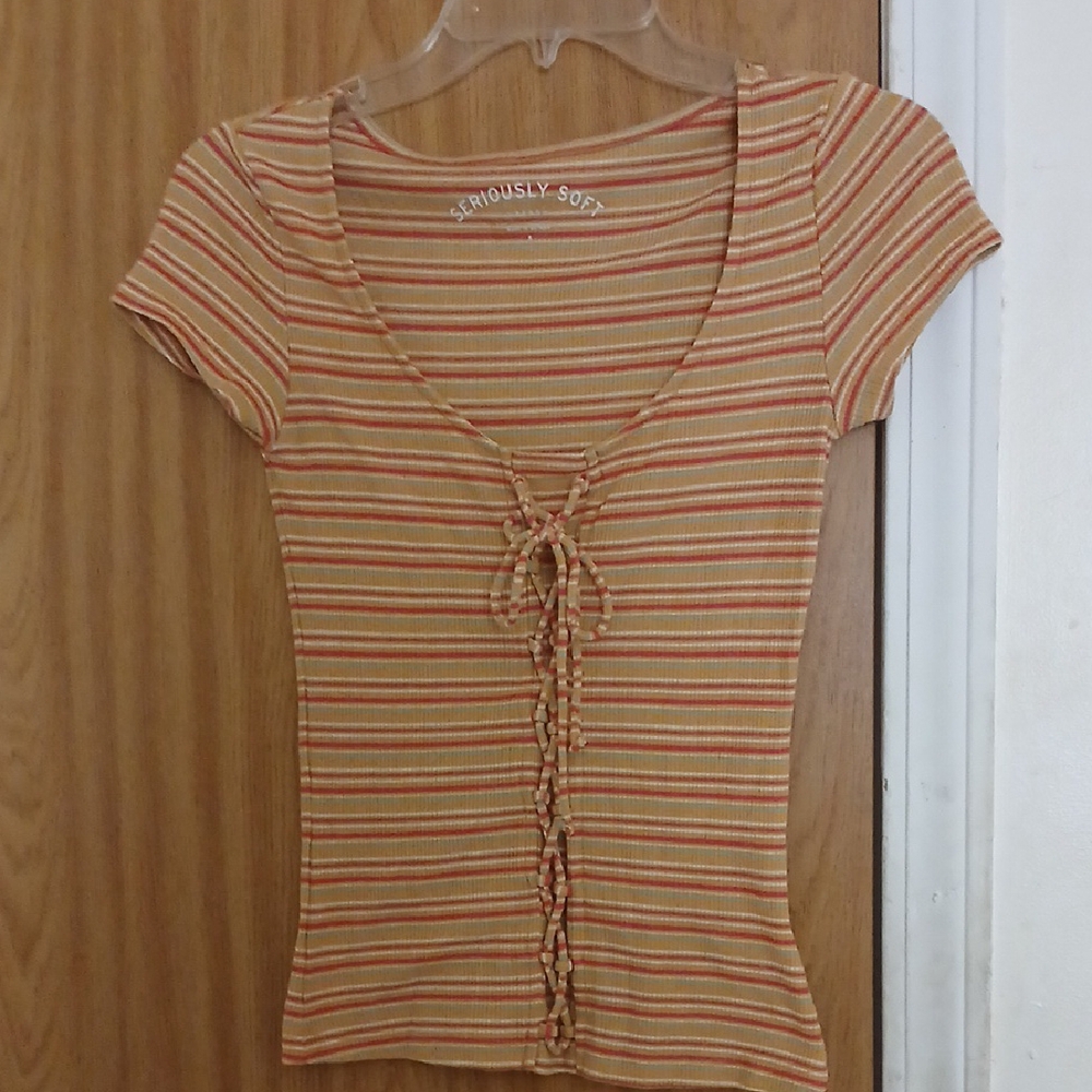 Aeropostale Tan and Black Fitted Tie Front Short Sleeve Tee